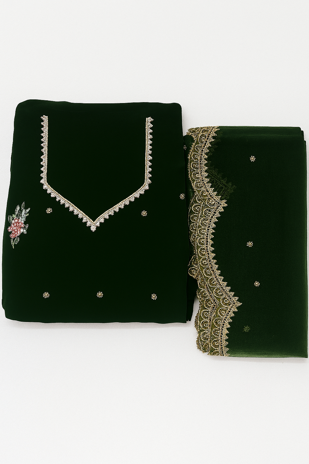 Dark Green Organza Embroidered Unstitched Pakistani Suit Set